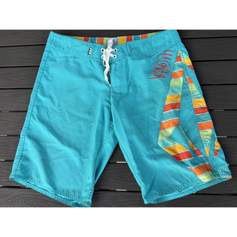 Y2K Volcom Women's Skater Chick Boardshorts Teal Stone Logo Size 7 (31") Waist